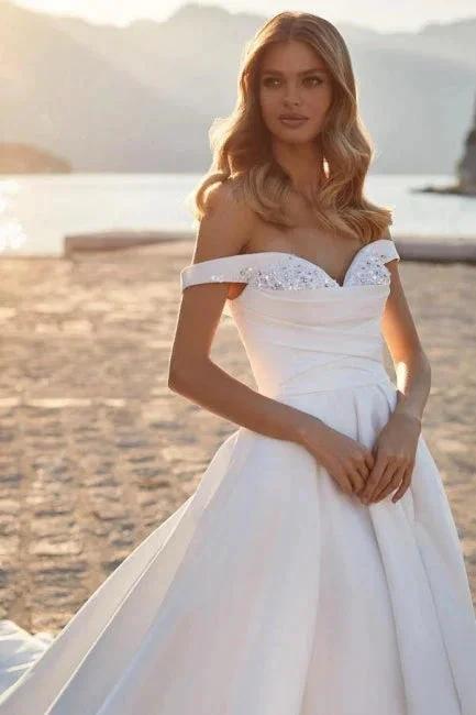 Gorgeous Long A-line Off-the-shoulder Satin Sleeveless Wedding Dresses With Glitter (ZD14991)