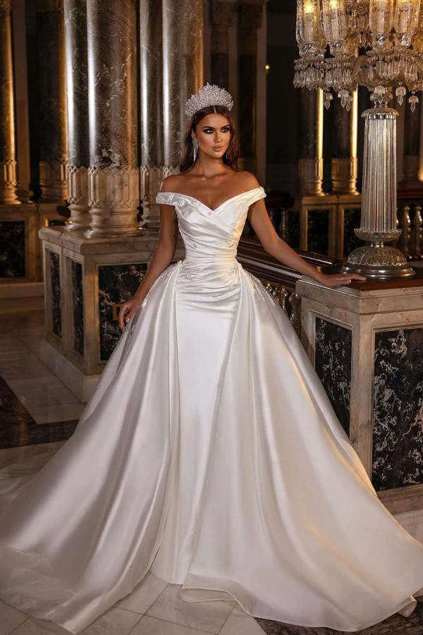 Gorgeous Long A-Line Off-the-shoulder Sweetheart Backless Satin Wedding Dress (ZD15194)