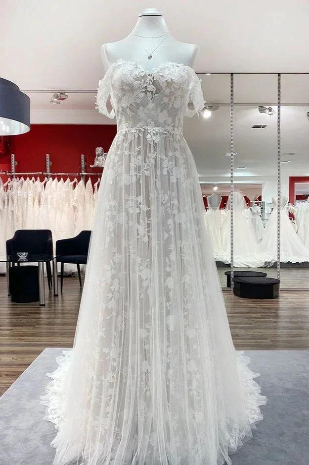 Gorgeous Long A-line Off-the-shoulder Tulle Appliques Lace Wedding Dress (ZD14281) - VelvetHem