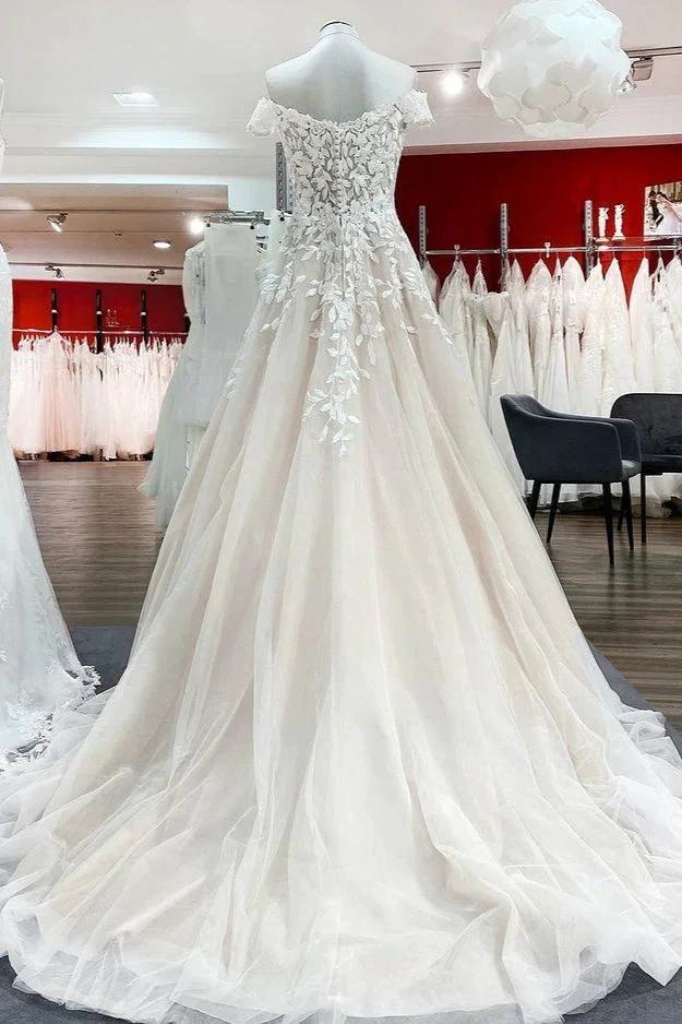 Gorgeous Long A-line Off-the-shoulder Tulle Lace Ruffles Wedding Dress (ZD14448)