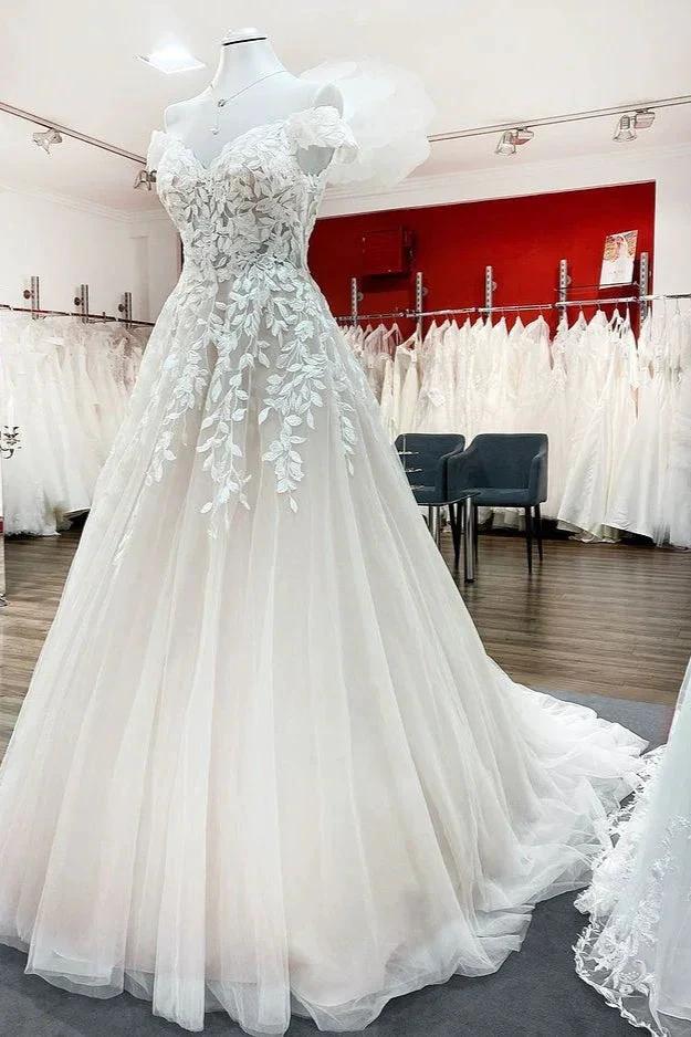 Gorgeous Long A-line Off-the-shoulder Tulle Lace Ruffles Wedding Dress (ZD14448)