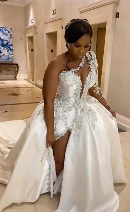 Gorgeous Long A-line One Shoulder Beading Wedding Dress With Slit (ZD16392)