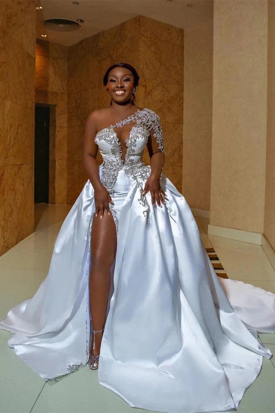 Gorgeous Long A-line One Shoulder Beading Wedding Dress With Slit (ZD16392)