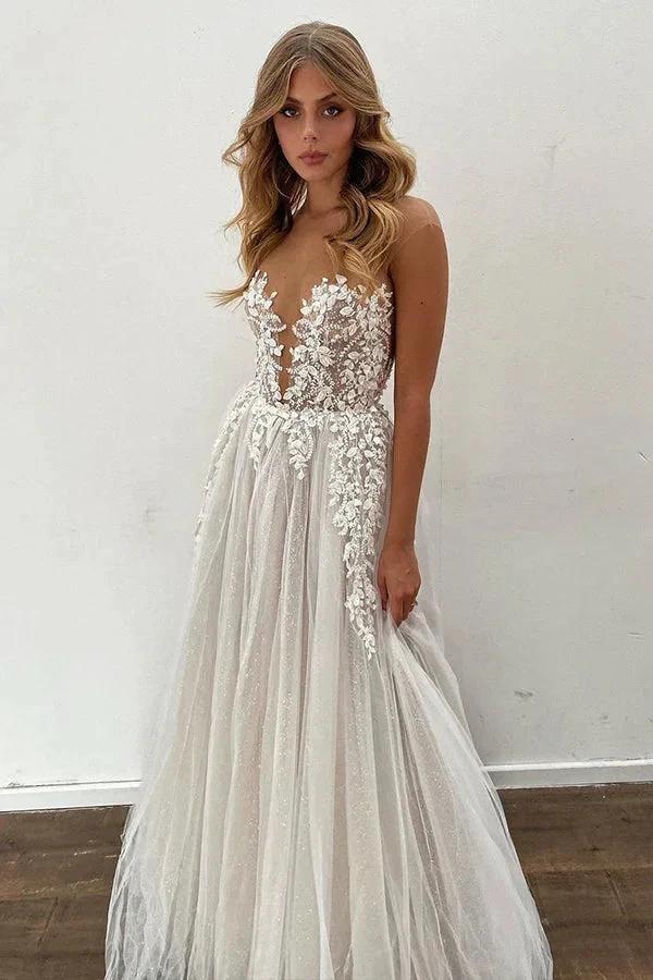 Gorgeous Long A-line Tulle Appliques Lace Wedding Dress (ZD15000)