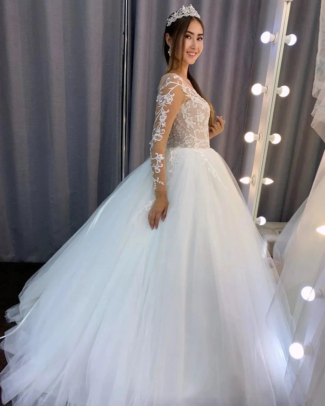 Gorgeous Long A-line Tulle Lace Wedding Dress with Sleeves (ZD15116) - View 2 | VelvetHem