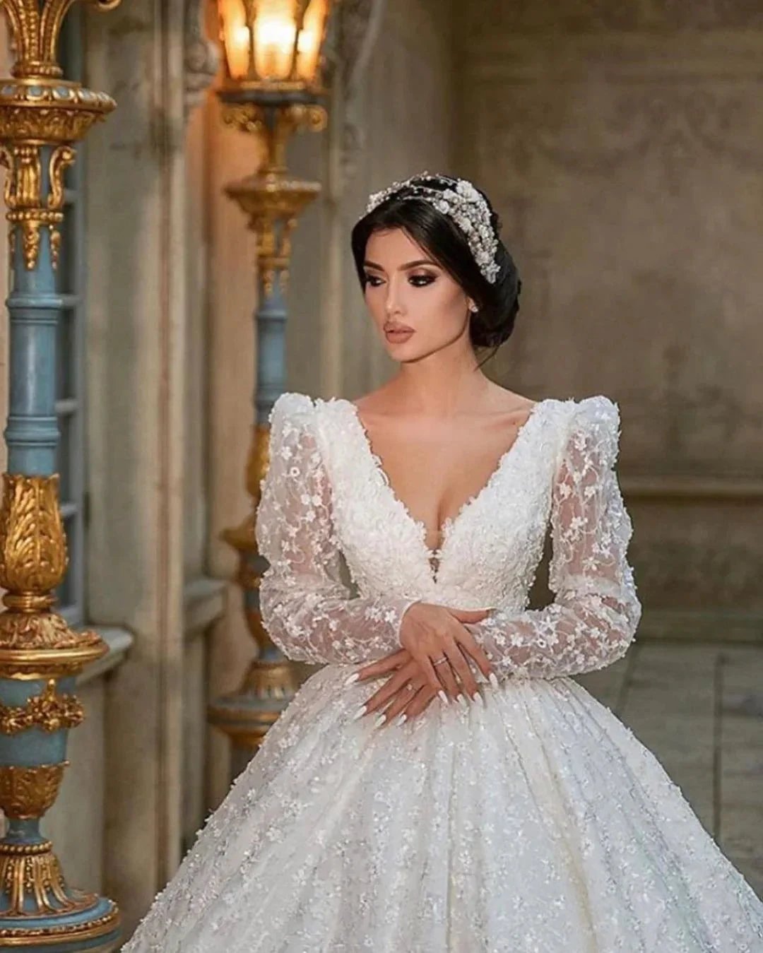 Gorgeous Long A-Line V-neck Appliques Lace Wedding Dress with Sleeves (ZD15079)