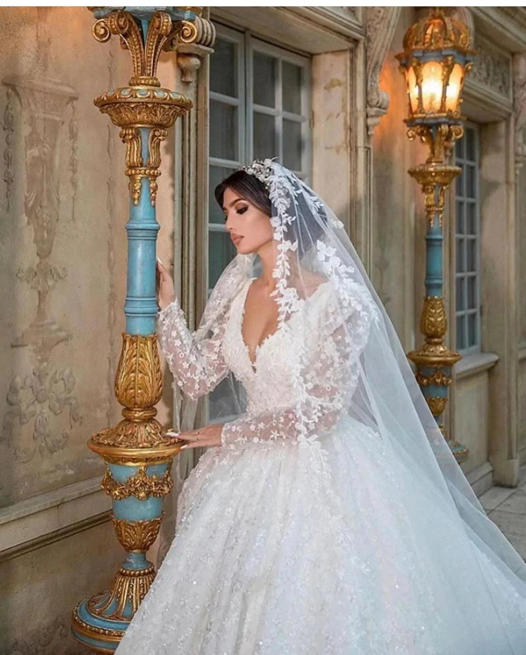Gorgeous Long A-Line V-neck Appliques Lace Wedding Dress with Sleeves (ZD15079)