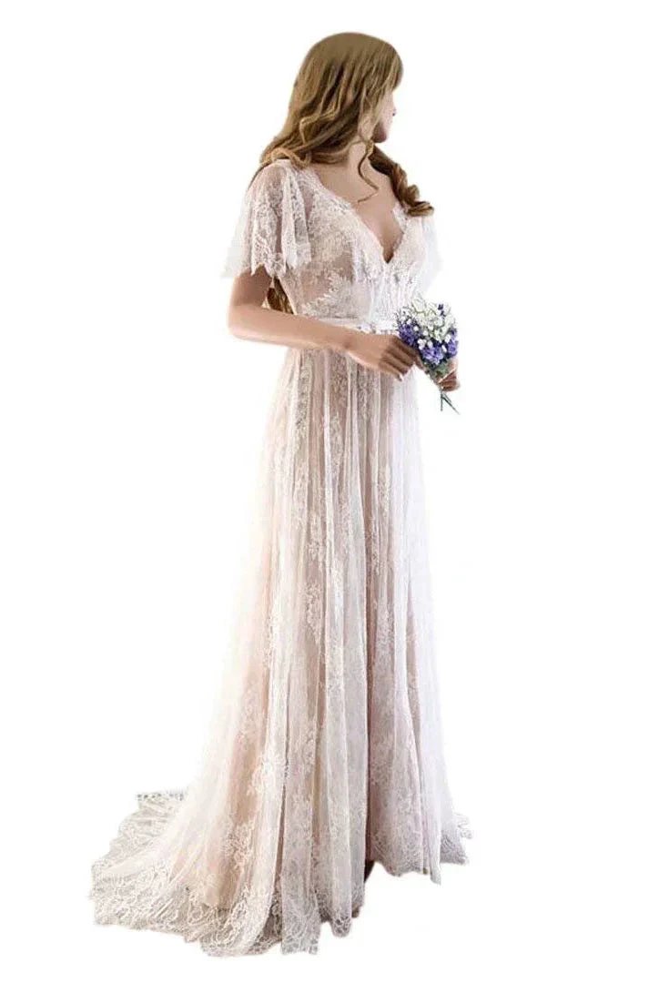 Gorgeous Long A-line V-Neck Lace Wedding Dresses with Cap Sleeves (ZD15894)