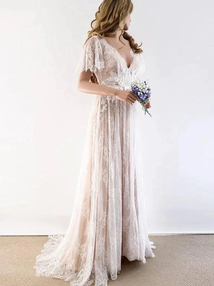 Gorgeous Long A-line V-Neck Lace Wedding Dresses with Cap Sleeves (ZD15894)