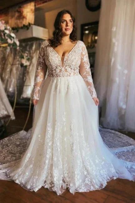 Gorgeous Long A-line V-neck Long Sleeves Lace Wedding Dresses with Train (ZD15603) - VelvetHem