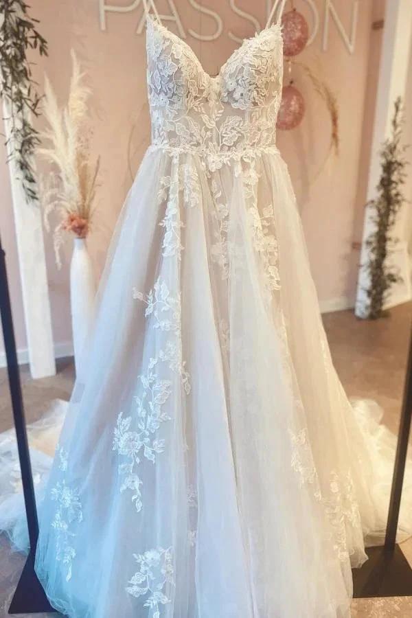 Gorgeous Long A-line V-neck Spaghetti Straps Tulle Backless Wedding Dress (ZD14456)