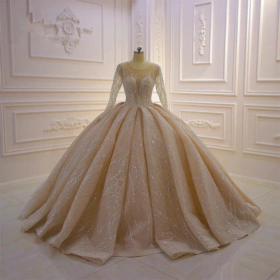Gorgeous Long Ball Gown Bateau Crystal Wedding Dress with Sleeves (ZD15185)