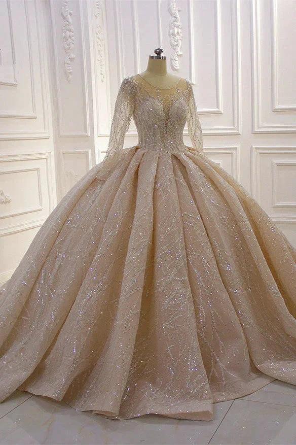 Gorgeous Long Ball Gown Bateau Crystal Wedding Dress with Sleeves (ZD15185)