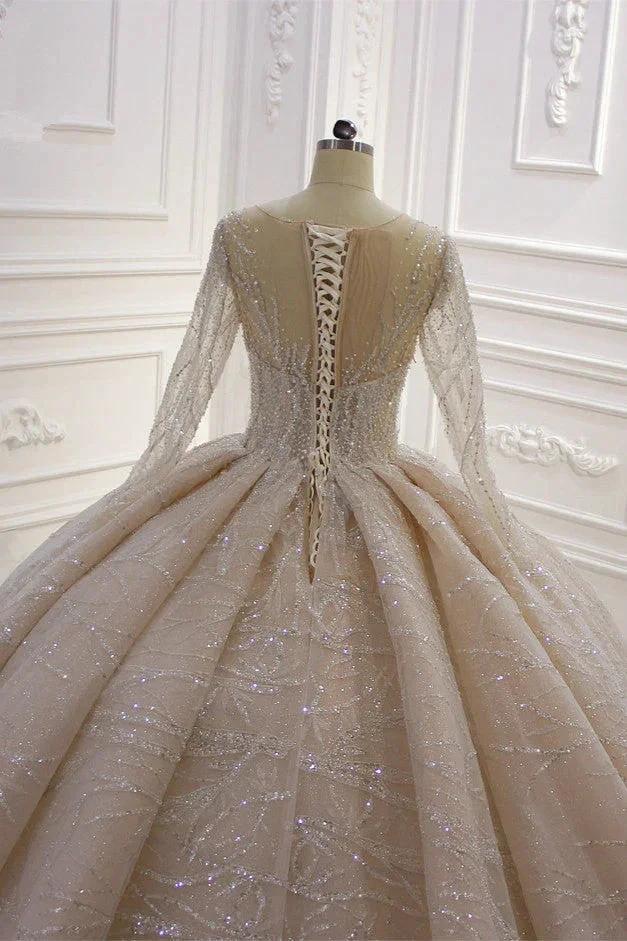 Gorgeous Long Ball Gown Bateau Crystal Wedding Dress with Sleeves (ZD15185)