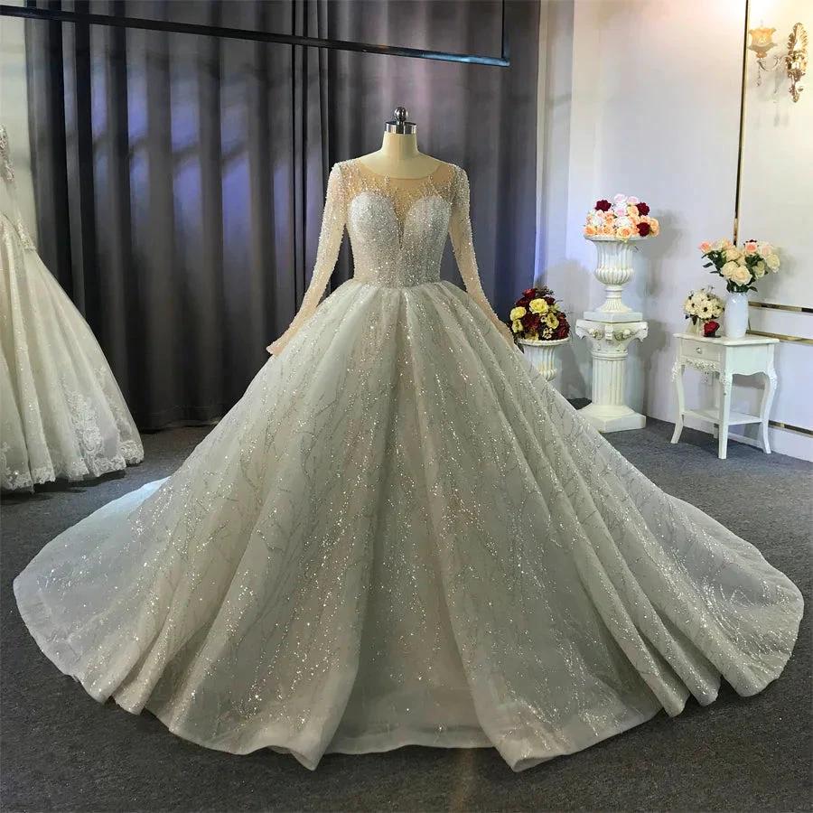 Gorgeous Long Ball Gown Bateau Crystal Wedding Dress with Sleeves (ZD15185)