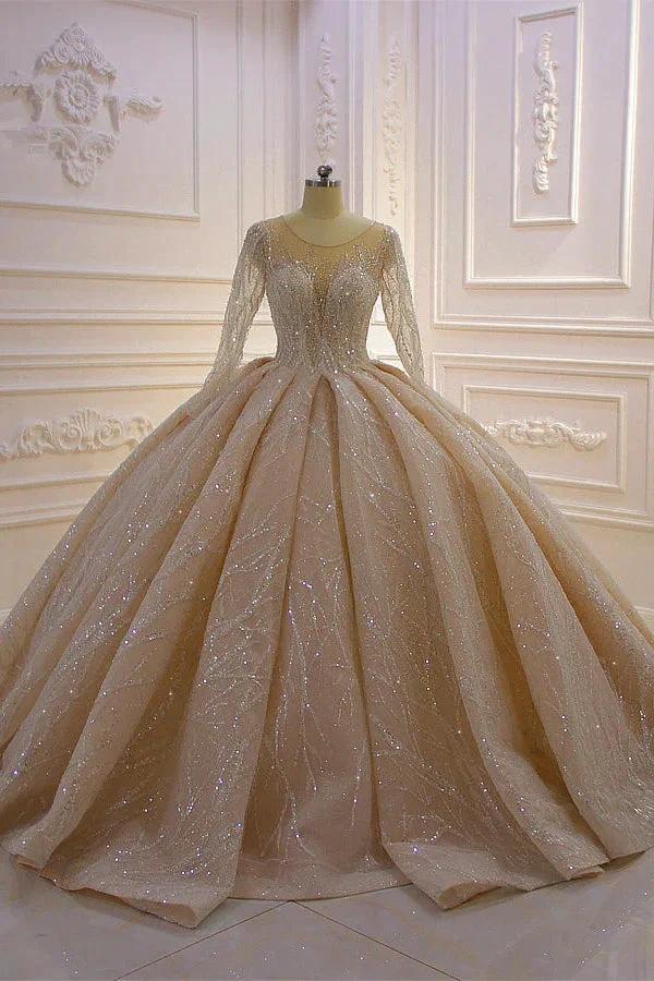 Gorgeous Long Ball Gown Bateau Crystal Wedding Dress with Sleeves (ZD15185)
