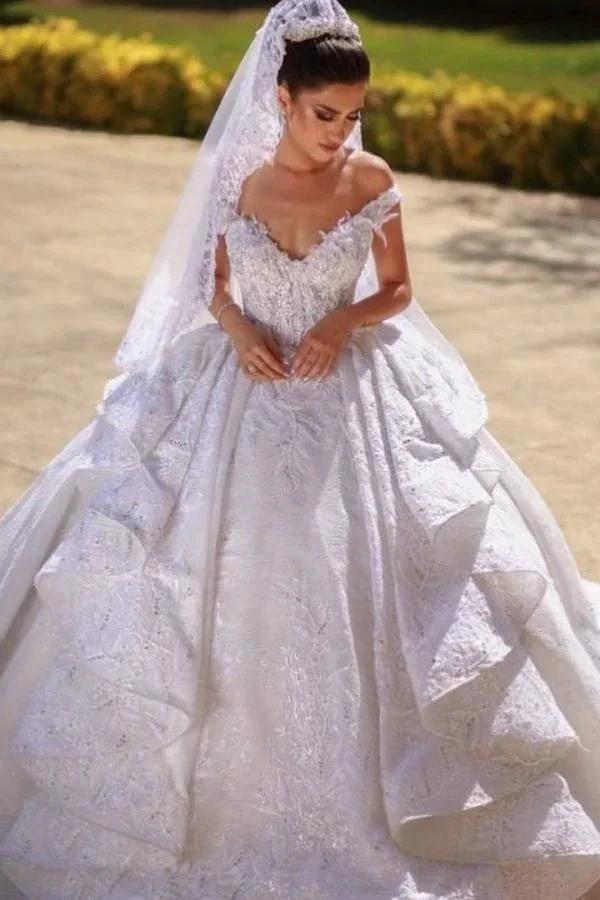 Gorgeous Long Ball Gown Off-the-shoulder Lace Wedding Dress (ZD15021)