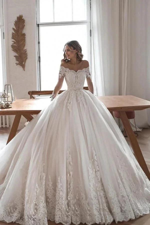 Gorgeous Long Ball Gowns Lace Tulle Wedding Dresses with Sleeves (ZD15017)