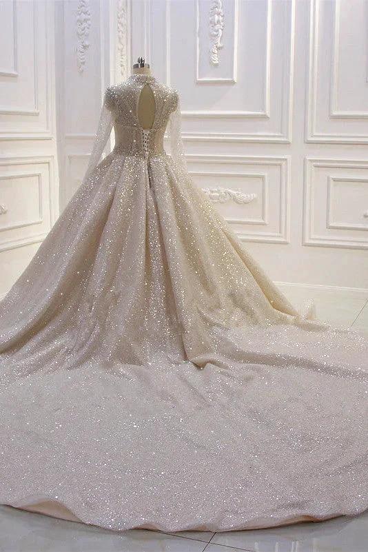 Gorgeous Long High neck Sequin Satin Ball Gown Wedding Dress with Sleeves (ZD15190)