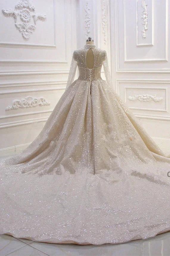 Gorgeous Long High neck Sequin Satin Ball Gown Wedding Dress with Sleeves (ZD15190)