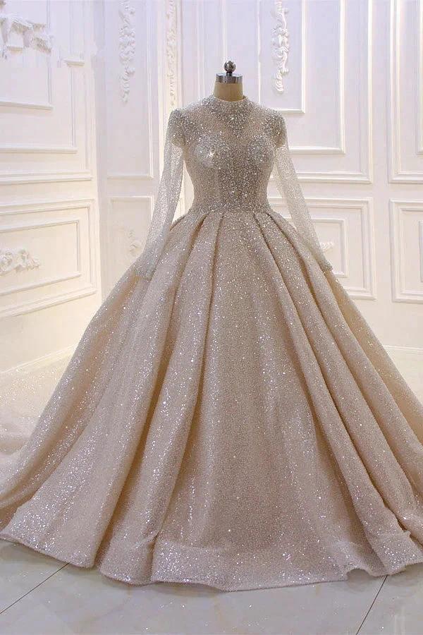 Gorgeous Long High neck Sequin Satin Ball Gown Wedding Dress with Sleeves (ZD15190)