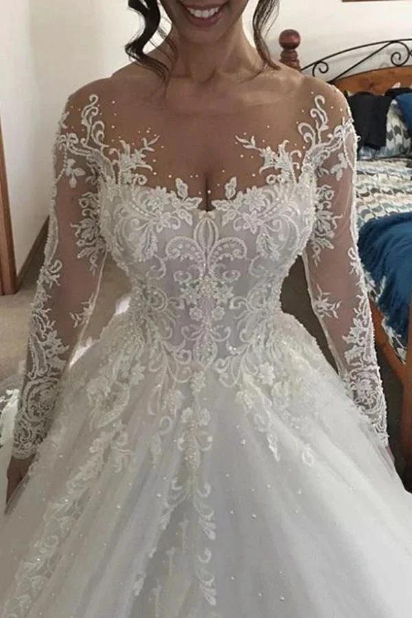 Gorgeous Long Ivory A-line Tulle Lace Wedding Dresses with Sleeves (ZD15007)