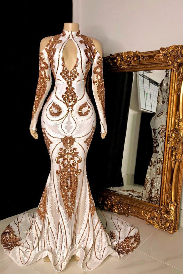Gorgeous Long Mermaid Keyhole Neckline Sequins Formal Prom Dress with Sleeves - View 2 | VelvetHem