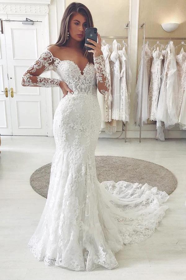 Gorgeous Long Mermaid Off-the-shoulder Lace Wedding Dress with Sleeves (ZD15048)