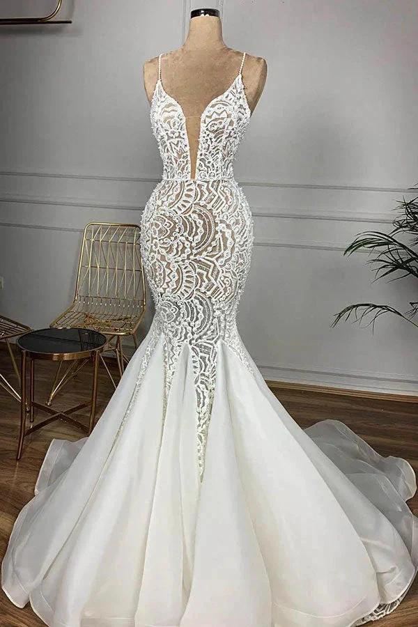 Gorgeous Long Mermaid Sweetheart Beaded Lace Organza Wedding Dress (ZD15799)