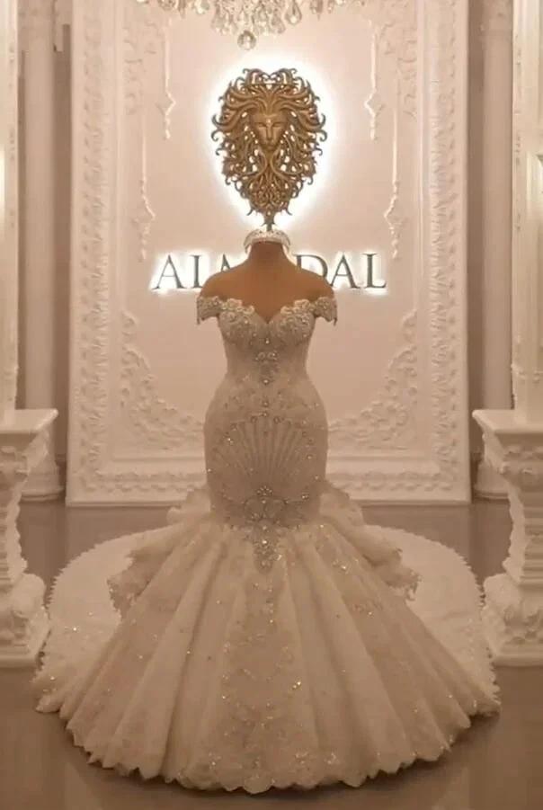 Gorgeous Long Off the Shoulder Crystal Backless Mermaid Wedding Dresses (ZD15195)