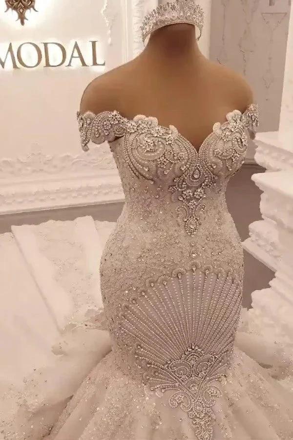 Gorgeous Long Off the Shoulder Crystal Backless Mermaid Wedding Dresses (ZD15195)