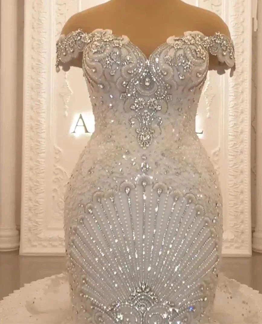 Gorgeous Long Off the Shoulder Crystal Backless Mermaid Wedding Dresses (ZD15195)