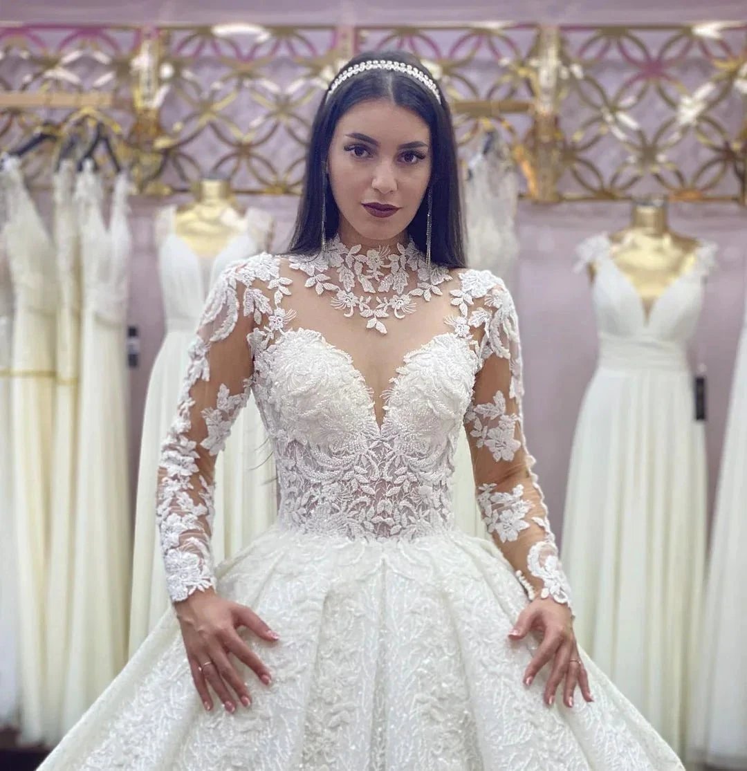 Gorgeous Long Princess High-neck Lace Appliques Wedding Dress with Sleeves (ZD15037)