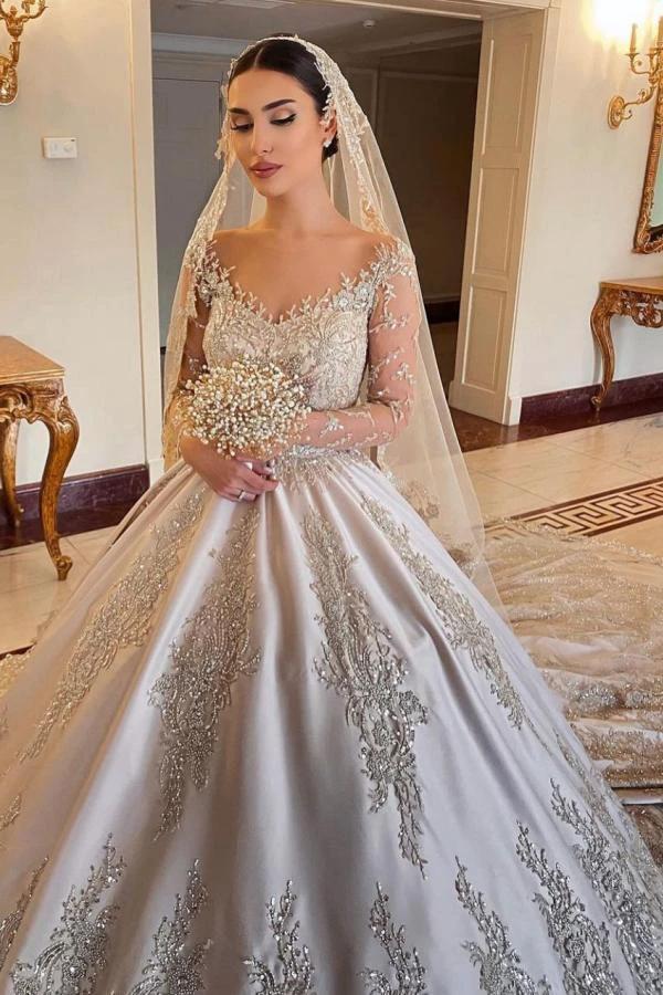 Gorgeous Long Princess Sweetheart Beading Pearl Satin Wedding Dress with Sleeves (ZD15051)