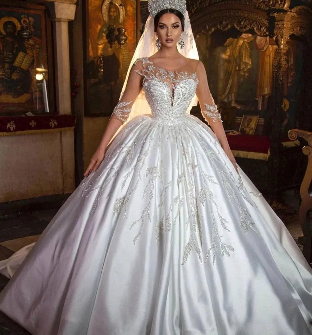 Gorgeous Long Princess Sweetheart Satin Wedding Dress with Sleeves (ZD15026)