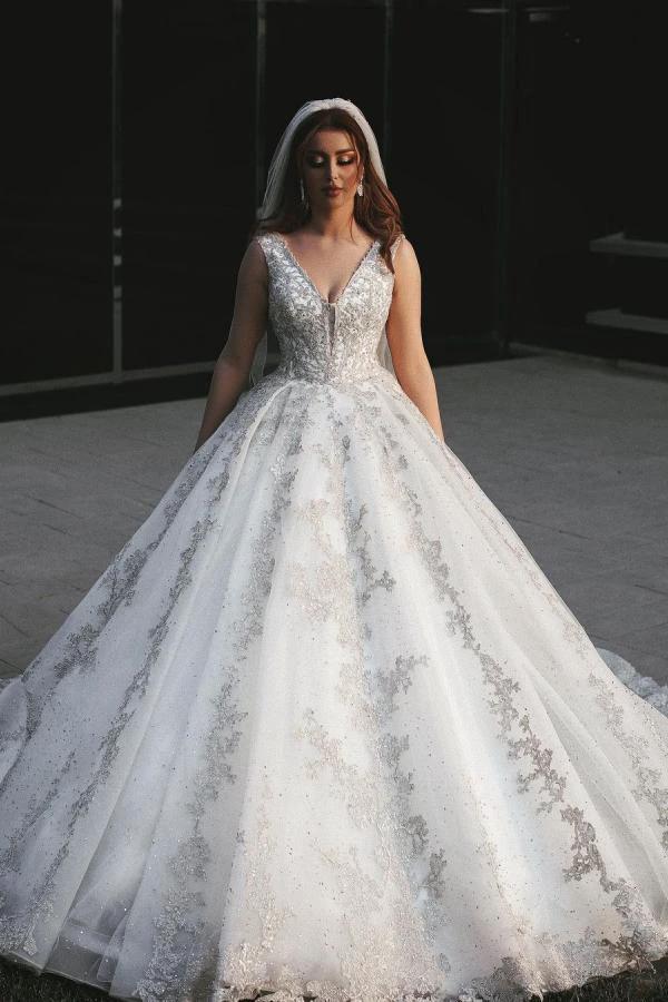 Gorgeous Long Princess V-neck Tulle Lace Appliques Wedding Dress (ZD15038)