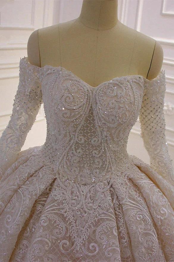 Gorgeous Long Sleeve Off the Shoulder Appliques Lace Ball Gown Wedding Dress (ZD15187)