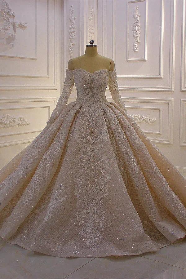 Gorgeous Long Sleeve Off the Shoulder Appliques Lace Ball Gown Wedding Dress (ZD15187)