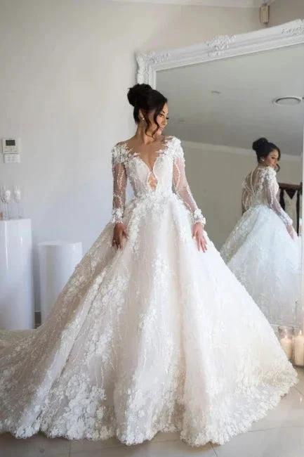 Gorgeous Long Sleeves Soft Floral Lace Bridal Gown V-Neck Wedding Dress (ZD14761)