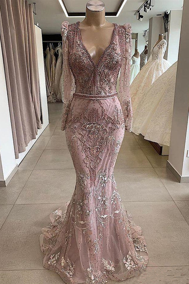 Gorgeous Mermaid Lace Beading V-Neck Long Sleevess Prom Dresses Evening Gowns With Beading Waistband
