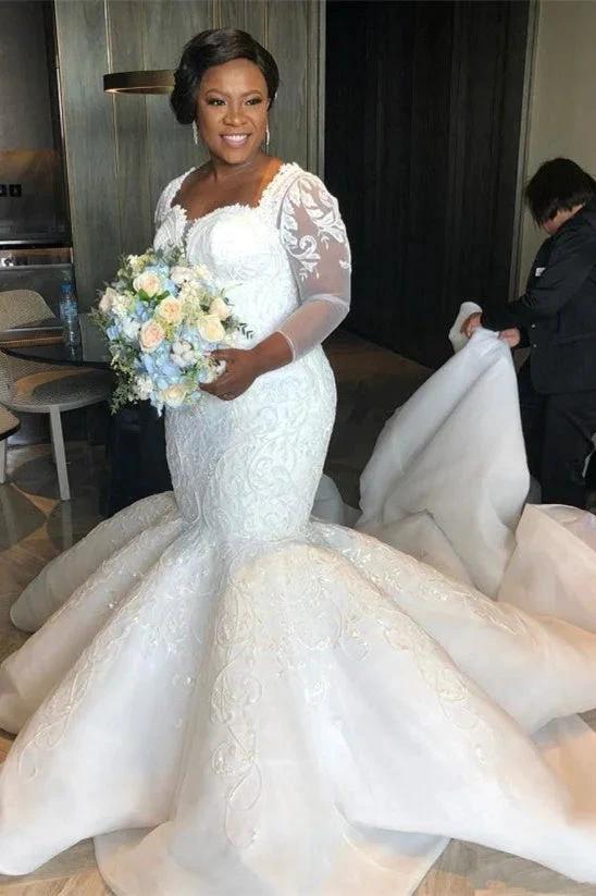 Gorgeous Mermaid Lace Wedding Dress Chapel Train Long Sleeves Appliques Bridal Gowns (ZD13843)