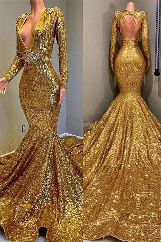 Gorgeous Mermaid Sequins Long Sleevess Floor-Length Prom Dresses