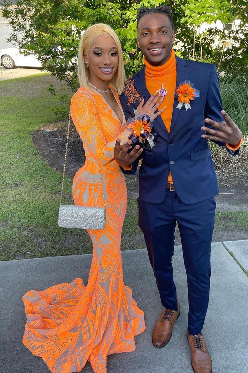 Gorgeous Mermaid V-Neck Orange Sparkle Prom Dresses