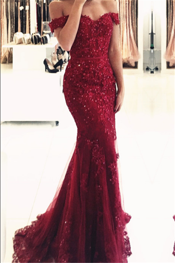 Gorgeous Off-the-shoulder Lace Appliques Red Mermaid Evening Dress