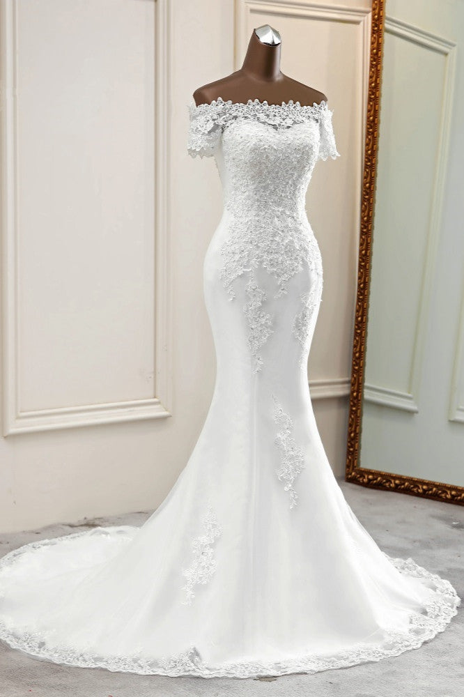 Gorgeous Off-the-Shoulder Lace Mermaid Wedding Dresses Short Sleeves Rhinestons Bridal Gowns (ZD17451)