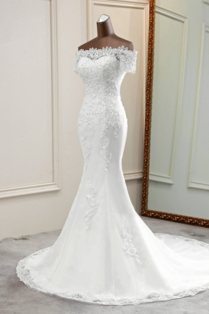 Gorgeous Off-the-Shoulder Lace Mermaid Wedding Dresses Short Sleeves Rhinestons Bridal Gowns (ZD17451)