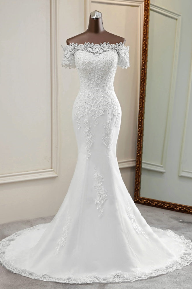 Gorgeous Off-the-Shoulder Lace Mermaid Wedding Dresses Short Sleeves Rhinestons Bridal Gowns (ZD17451)