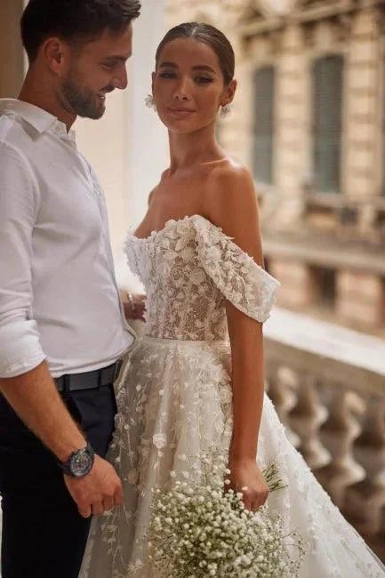 Gorgeous Off-the-shoulder Lace Tulle Appliques A-line Wedding Dress (ZD16449)