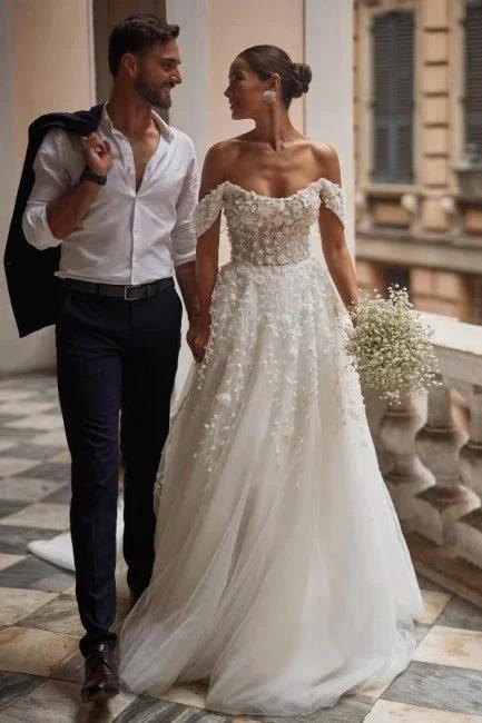 Gorgeous Off-the-shoulder Lace Tulle Appliques A-line Wedding Dress (ZD16449)