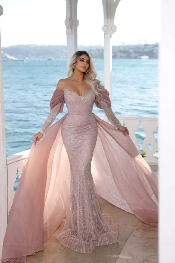 Gorgeous Off-the-Shoulder Long Sleeves Mermaid Prom Dress With Beadings Ruffles